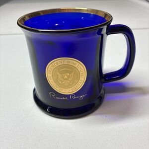 Ronald Reagan Presidential Seal Cobalt Blue Glass Coffee Mug With Gold Trim